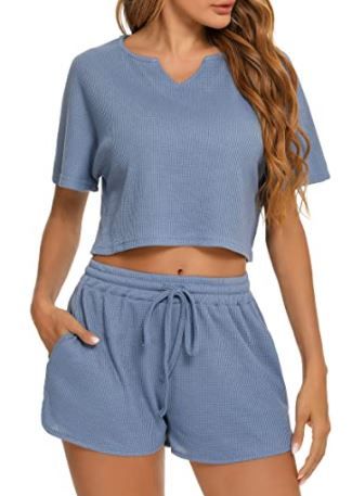 Photo 1 of Donnalla Women's Waffle Knit Pajama Sets 2 Piece Short Sleeve Tops Tracksuit Outfits with Pockets Lounge Sets
