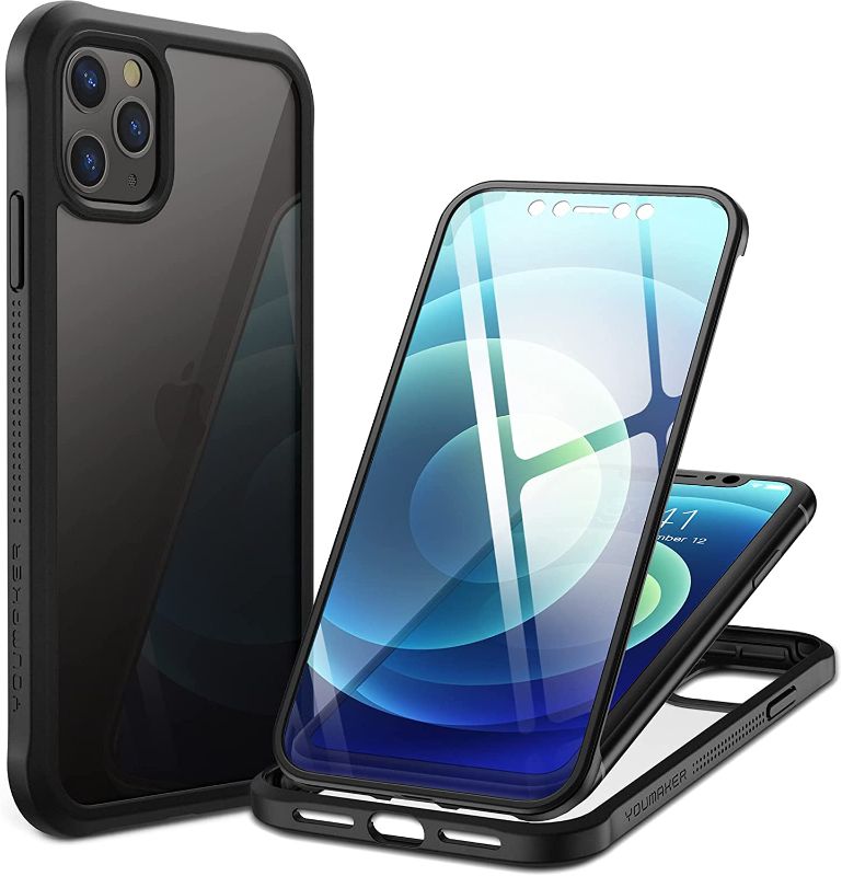 Photo 1 of YOUMAKER Janus Designed for iPhone 11 Pro Case with Built-in Tempered Glass Screen Protector & Anti-Scratch Clear Back Full Body Slim Fit Protective iPhone 11 pro Phone case 5.8 Inch-Black
