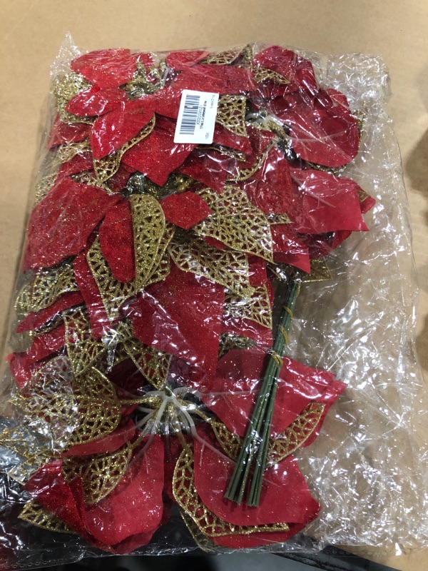 Photo 2 of 12PCS Glittery Poinsettia Christmas Flowers Artificial Poinsettia Flowers with Clips and Stems for Christmas New Year Wedding Party Wreath Stairs Window Garland Fireplace Floral Decor (Red and Gold)
