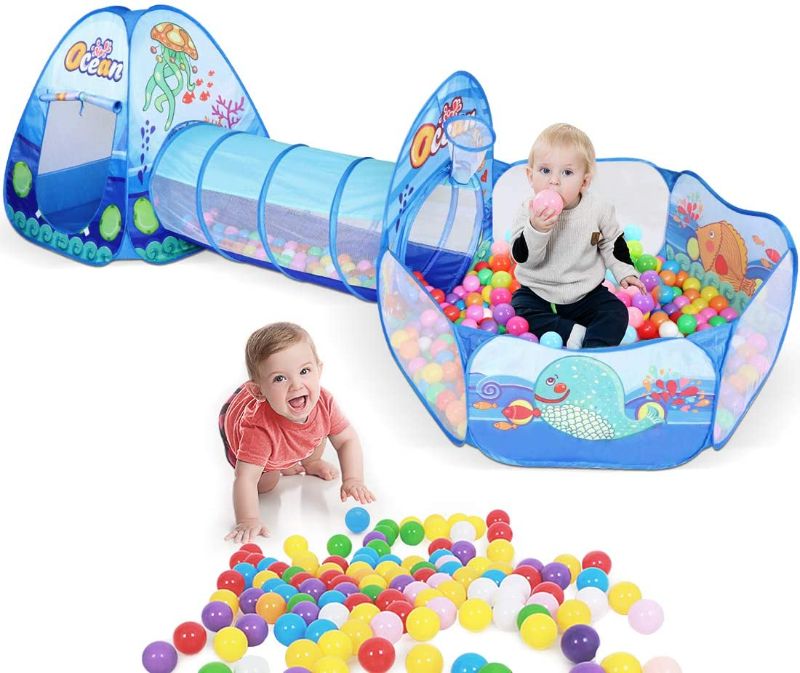 Photo 1 of ZNCMRR Kids Play Tunnel Tent Crawl Tunnel & Ball Pit with Basketball Hoop Foldable Ocean Series Tents for Boys Girls Babies Toddlers for Indoor Outdoor Pop-Up Tent
