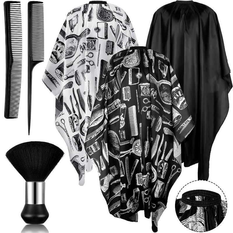 Photo 1 of 6 Pieces Salon Barber Capes Set Hair Cutting Hairdresser Stylists Capes with Adjustable Snap Closure Neck Duster Brush and Combs (Color Set 1)
