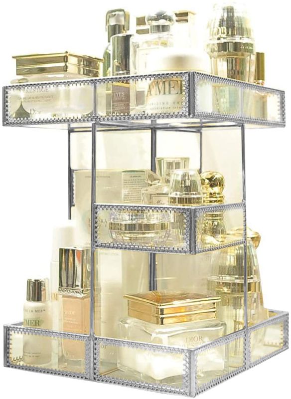 Photo 1 of 360 Degree Rotation Visible Skincare Organizer Antique Countertop Vanity Cosmetic Storage Mirror Glass Makeup Holder,Spin Large Capacity Storage for Brushes Lipsticks Skincare Toner (Silver)
