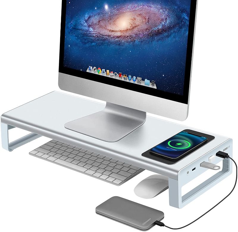 Photo 1 of Aluminum Monitor Stand with Wireless Charing Pad and 4 USB 3.0 Ports,Support Transfer Data and Charging,Keyboard and Mouse Storage Desk Organizer up to 27inch for Computer MacBook PC (Silver)
