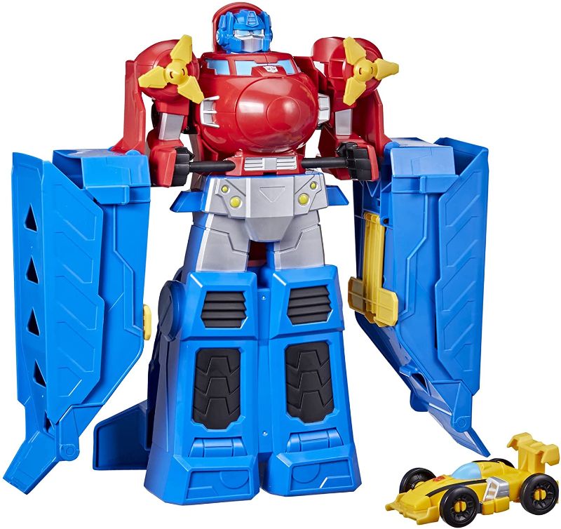 Photo 1 of Transformers Optimus Prime Jumbo Jet Wing Racer Playset with 4.5-inch Bumblebee Racecar Action Figure Converting Toys, Ages 3 and Up, 15-inch

