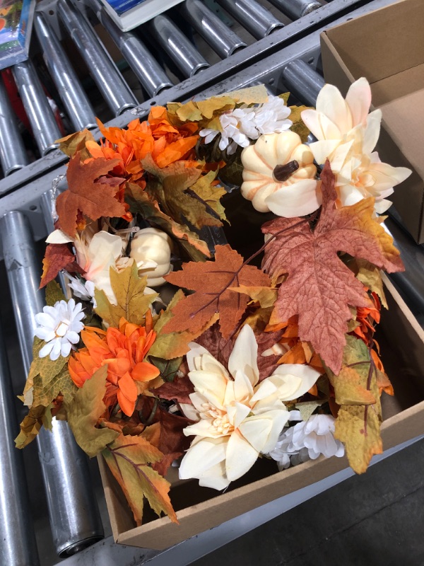 Photo 2 of Autumn Fall Wreath with 20 Lights, 19.7inch Halloween Wreath, with Pumkin, Daisy, Chrysanthemums, Maple Leaves for Christmas Decorations Thanksgiving Gift, Fall Wreath for Halloween Decoration
