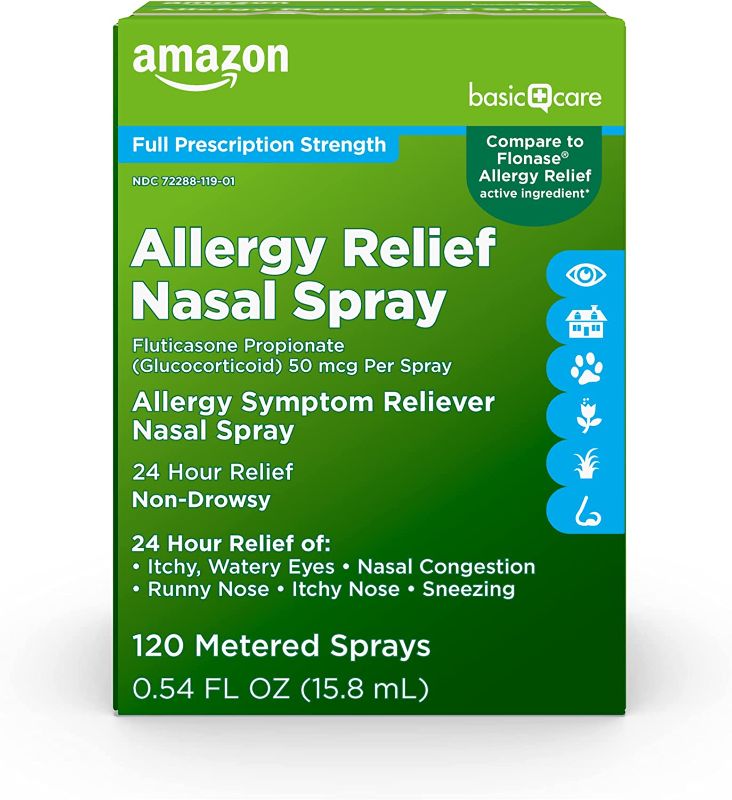 Photo 1 of Amazon Basic Care 24-Hour Allergy Relief Nasal Spray, Fluticasone Propionate (Glucocorticoid), 50 mcg Per Spray, Full Prescription Strength, Non-Drowsy, 0.54 Fluid Ounces
