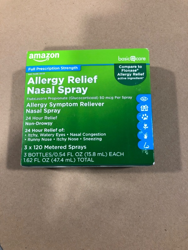 Photo 2 of Amazon Basic Care 24-Hour Allergy Relief Nasal Spray, Fluticasone Propionate (Glucocorticoid), 50 mcg Per Spray, Full Prescription Strength, Non-Drowsy, 0.54 Fluid Ounces
