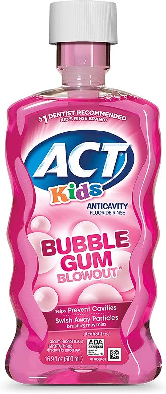 Photo 1 of ACT Kids Anticavity Fluoride Rinse Bubble Gum Blowout 16.9 fl. oz. Accurate Dosing Cup, Alcohol Free
