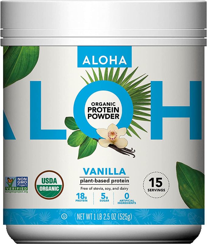 Photo 1 of ALOHA Organic Plant-Based Protein Powder - NO-STEVIA Vanilla - Keto Friendly Vegan Protein with MCT Oil, 18.5 oz, Makes 15 Shakes, Vegan, Gluten-Free, Non-GMO, Erythritol-Free, Soy-Free, Dairy-Free & Only 3g Sugar
