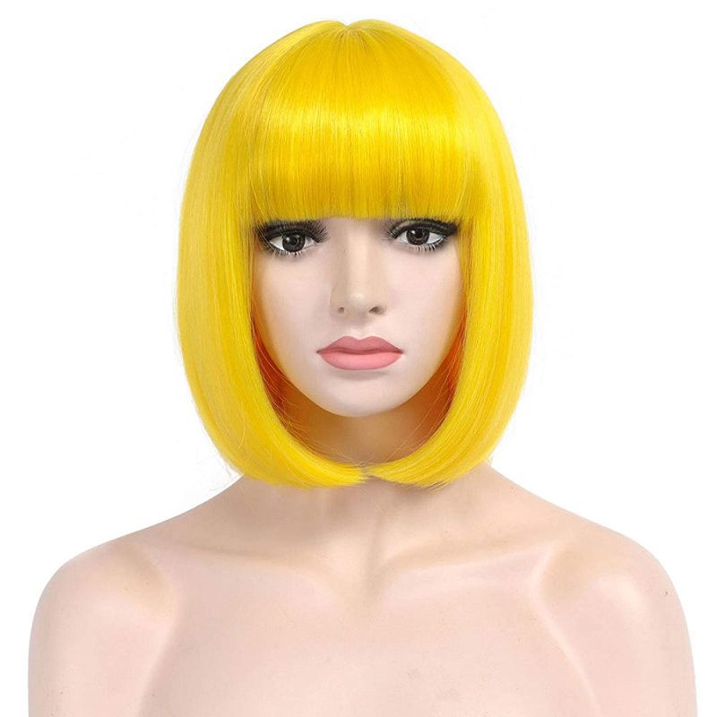 Photo 1 of COSYMAY Short Yellow Wig 12'' Bright Yellow Wig with Bangs Yellow Bob Wig Synthetic Halloween Party Cosplay Wigs Average Size
