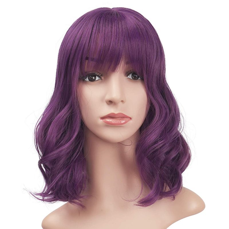 Photo 1 of BARSDAR 14 Inch Wavy Bob Natural Wig With Bangs Synthetic Shoulder Length Pastel Curly hair Cosplay and Daliy life wig for women/girl- Purple
