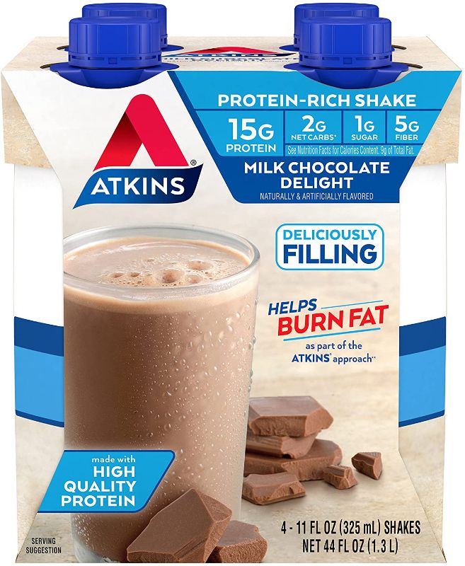 Photo 1 of Atkins Milk Chocolate Delight Protein-Rich Shake. Rich and Creamy with Protein. Keto-Friendly and Gluten Free , 11 Fl Oz (Pack of 4)
