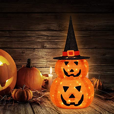 Photo 1 of Halloween Decorations Lights Indoor/Outdoor, Fabric Double Pumpkin with Witch Hat Lights, Battery Operated with Timer, Halloween Lights for Home, Garden, Party, Yard Decor