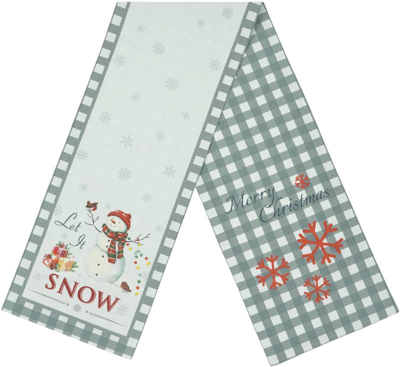 Photo 1 of BLEUM CADE Christmas Snowflake Table Runner, Christmas Snowman Table Runner for Home, Party, Double Layer Grey Buffalo Plaid Table Runner Cover for Xmas, Cabinet Table Home Decorations, 14 x 72 Inch
