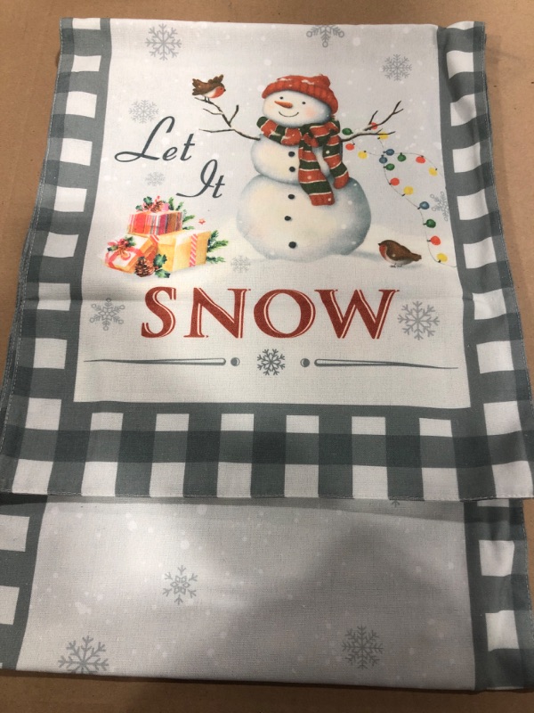 Photo 1 of BLEUM CADE Christmas Snowflake Table Runner, Christmas Snowman Table Runner for Home, Party, Double Layer Grey Buffalo Plaid Table Runner Cover for Xmas, Cabinet Table Home Decorations, 14 x 72 Inch
