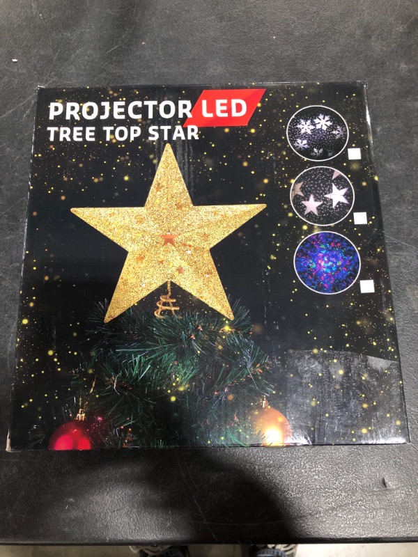 Photo 1 of Christmas Tree Topper Lighted STAR/SNOWFLAKE Topper with Rotating Snowflake LED Projector for Christmas Tree Decoration, 3D Hollow Golden Glitter Tree Toppers Christmas Decorations 11.3''
