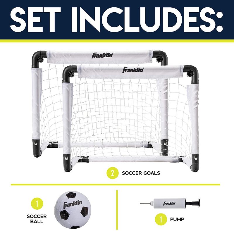 Photo 2 of Franklin Sports Kids Mini Soccer Goal Set - Backyard/Indoor Mini Net and Ball with Pump - 22" x 17" Goal Size, White/Black
