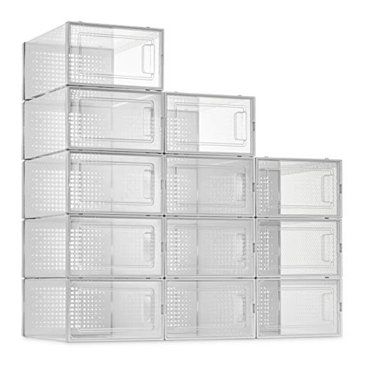 Photo 1 of 12 Pack Shoe Storage Boxes, Clear Plastic Stackable Shoe Organizer Bins, Drawer Type Front Opening Shoe Holder Containers
