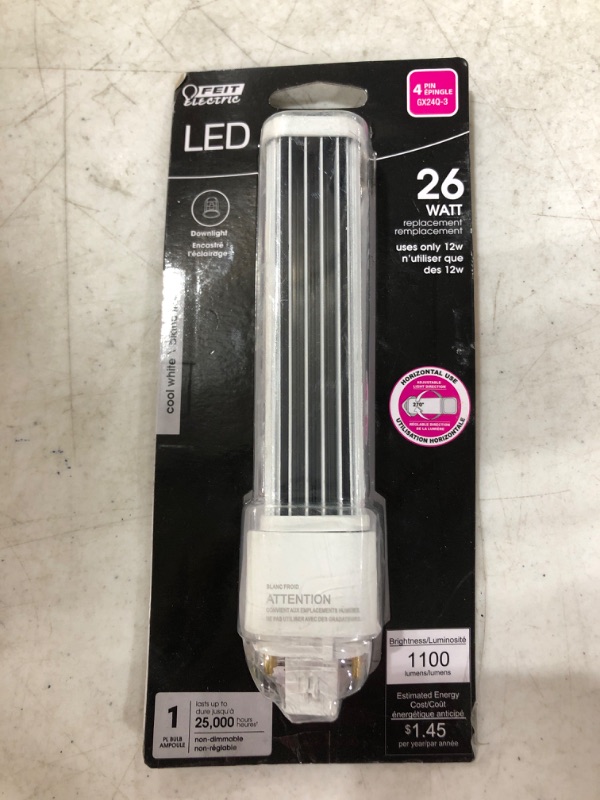 Photo 1 of FEIT Electric PL26E/H/841/LED PL Horizontal Recessed,1100 lm, 26W Equivalent, GX24Q-3 Base LED Light Bulb, 6.25" H x 1.4" W x 1.4" D, 4100K Cool White
