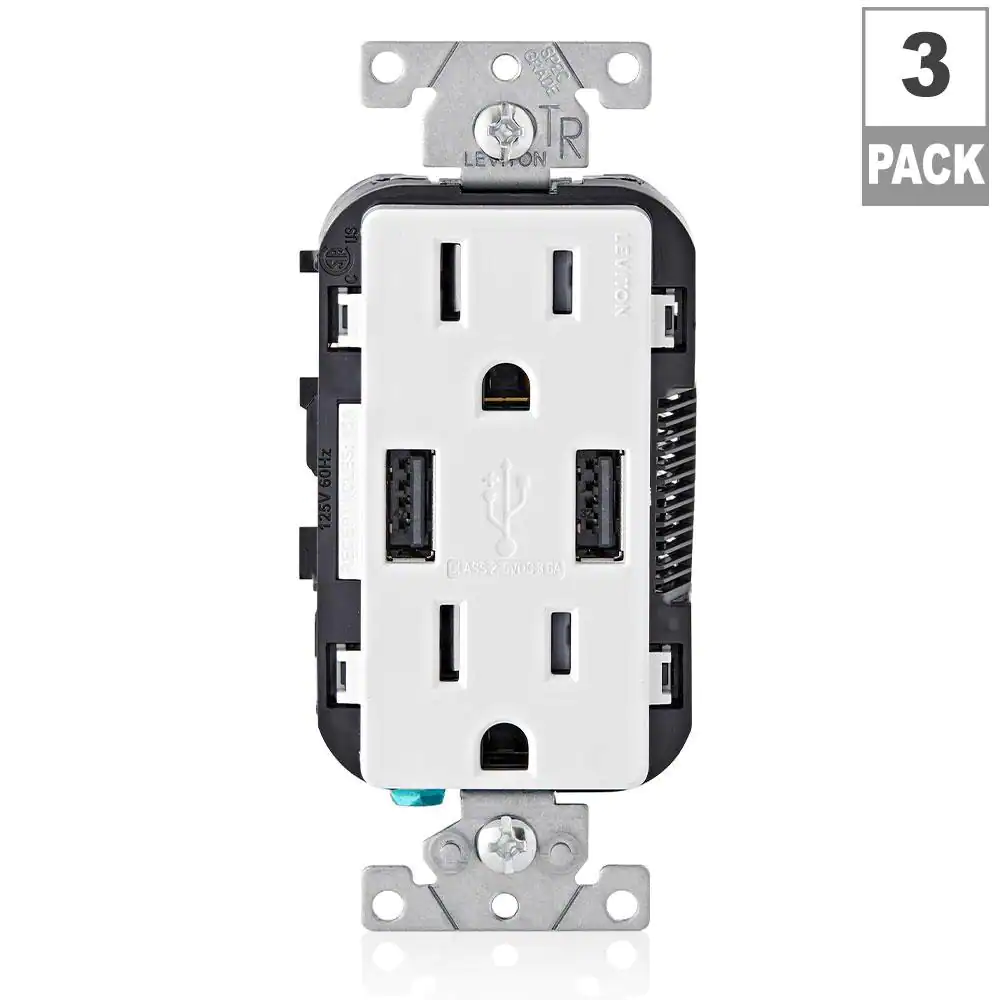 Photo 1 of 15 Amp Decora Combination Tamper Resistant Duplex Outlet and USB Charger, White (3-Pack)
