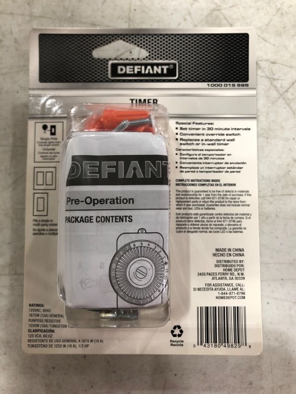 Photo 3 of DEFIANT 15 Amp 24-Hour Indoor In-Wall Mechanical Timer Switch, 3-Pack. LOT OF 4 CASES FOR 12 TOTAL.
