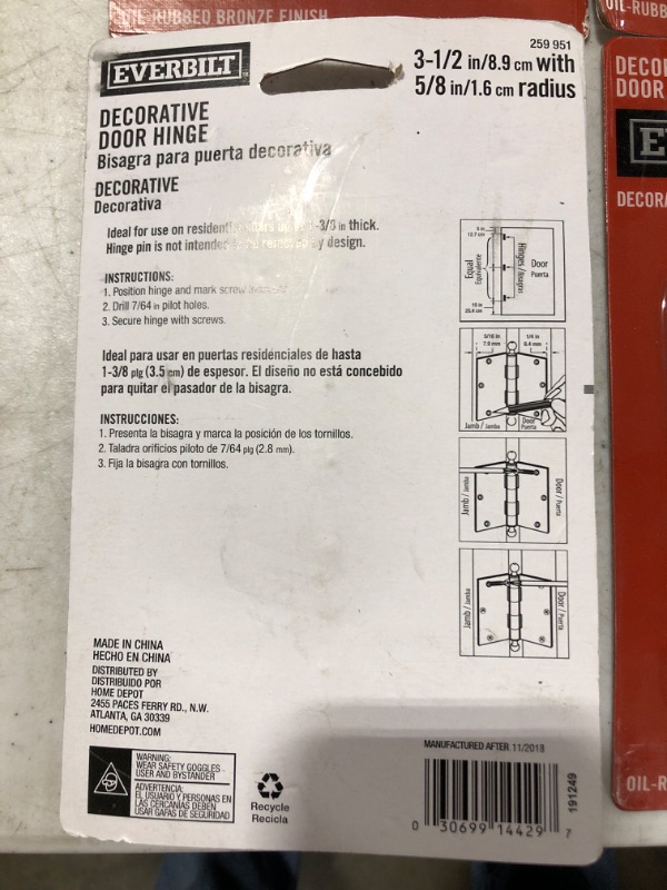 Photo 1 of 3-1/2 in. Oil-Rubbed Bronze 5/8 in. Radius Door Hinge with Finial. LOT OF 4.
