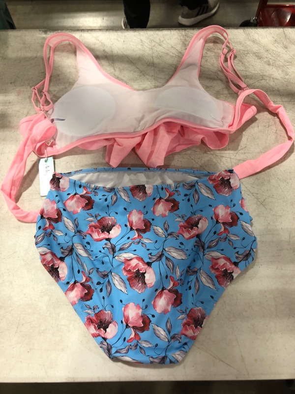 Photo 2 of Women's 2 Piece Swimsuit, Pink/Blue, Size Medium. New With Tags. 