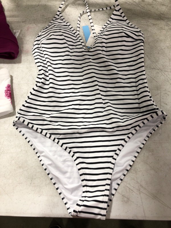 Photo 5 of Lasting Appeal Stripe One Piece Swimsuit & Purple And Floral One Shoulder Scalloped Bikini
LOT OF 2. SIZES LARGE.