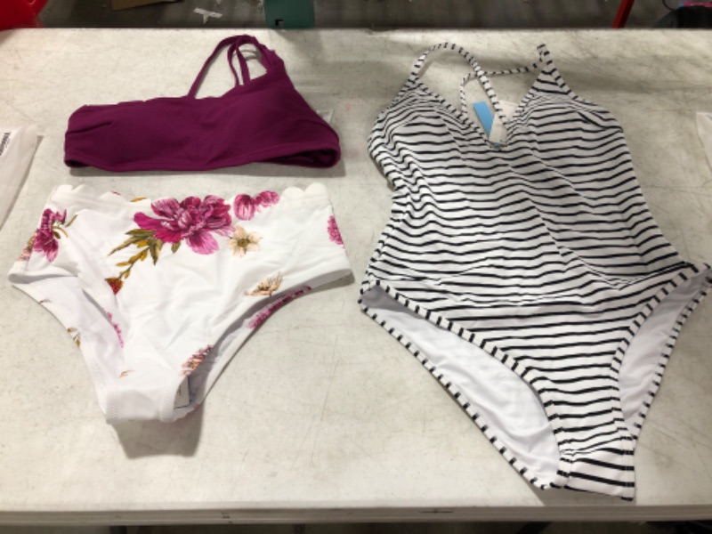 Photo 1 of Lasting Appeal Stripe One Piece Swimsuit & Purple And Floral One Shoulder Scalloped Bikini
LOT OF 2. SIZES LARGE.