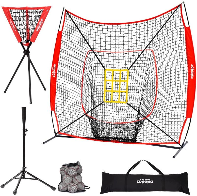 Photo 1 of Zupapa Baseball Softball Practice Combo - 7 X 7 Feet Net Tee Caddy 12 Pack Baseballs Set, Upgraded Vivid Strike Zone, Baseball Backstop Practice Net for Hitting Pitching Batting Catching
