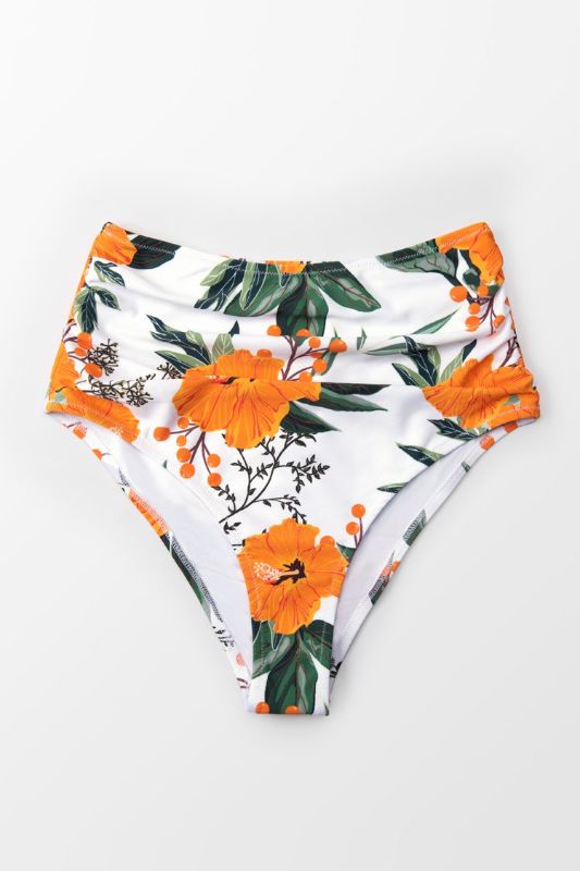 Photo 1 of Orange Floral Shirring High Waisted Bikini Bottom (M)
