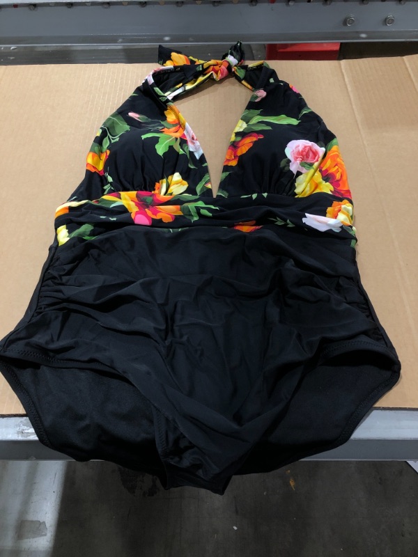 Photo 2 of Floral And Black Plunge Halter One Piece Swimsuit (XXL)
