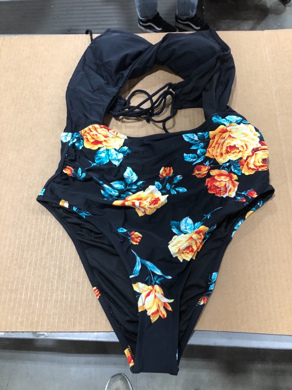 Photo 2 of Black Floral Print Halter One Piece Swimsuit (XXL)
