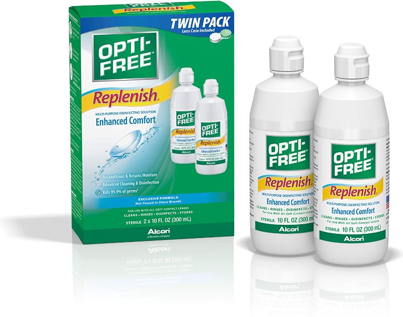 Photo 1 of Opti-Free Replenish Multi-Purpose Disinfecting Solution with Lens Case, Twin Pack, 10-Fluid Ounces Each
