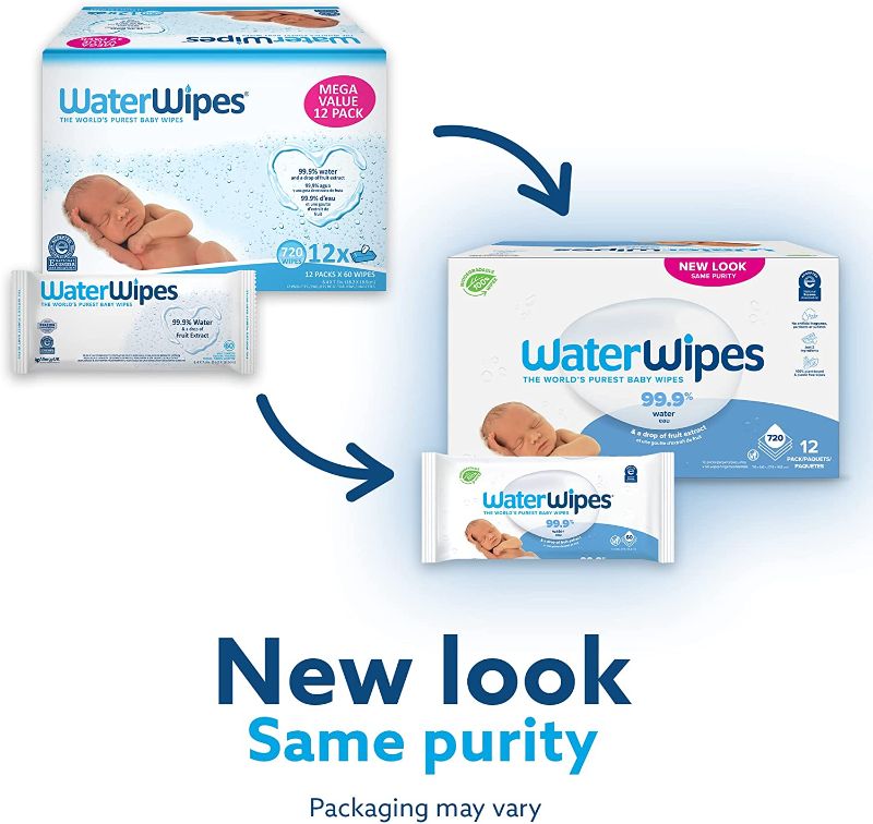 Photo 2 of WaterWipes Biodegradable Original Baby Wipes,?99.9% Water Based Wipes, Unscented & Hypoallergenic for Sensitive Skin, 720 Count (12 packs), Packaging May Vary
