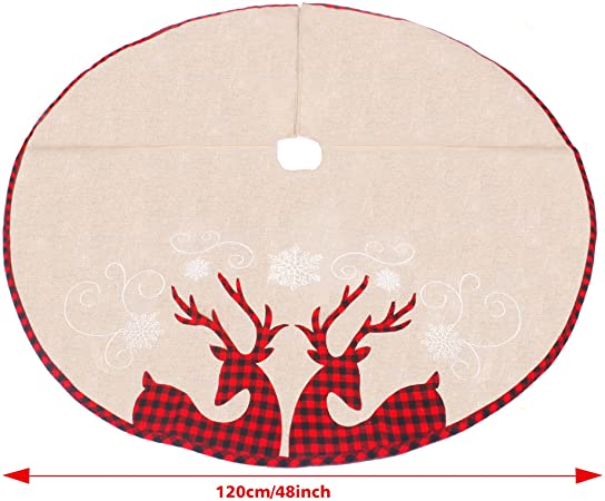 Photo 2 of BEBEKULA 48 inch Burlap Christmas Tree Skirt, Red and Black Plaid Reindeer Extra Large Tree Skirts, Xmas Tree Skirt for Christmas Decorations Indoor Outdoor (48")
