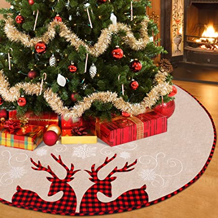 Photo 1 of BEBEKULA 48 inch Burlap Christmas Tree Skirt, Red and Black Plaid Reindeer Extra Large Tree Skirts, Xmas Tree Skirt for Christmas Decorations Indoor Outdoor (48")
