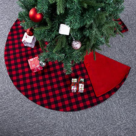 Photo 1 of 48 Inches Large Christmas Tree Skirt, Red and Black Plaid Buffalo Double Layers with Thick Felt Lining, Checked Tree Skirt for Xmas New Year Holiday Party Home Ornaments
