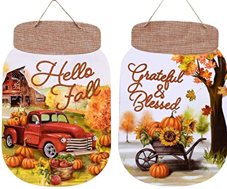 Photo 1 of Fall Autumn Thanksgiving Harvest Decorative Harvest Mason Jar Shaped Wall Signs, 13.5x8.5 in.(2) Wall Hangers Home Decor Sign (Bundle with Fall Jingle)
MAY VARY SLIGHTLY.