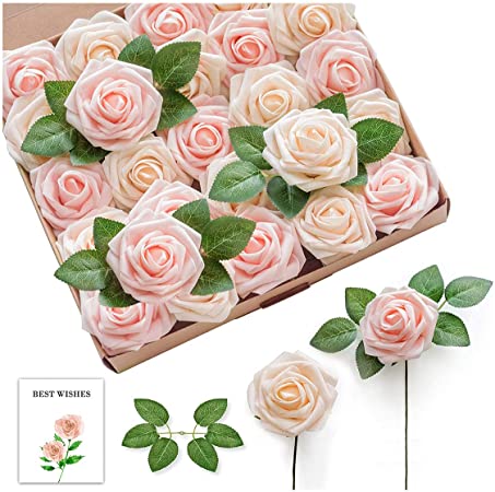 Photo 1 of Artificial Flowers, 25 Pcs Artificial Roses Flowers, Real Looking Blush and Champagne Foam Fake Roses with Stems for DIY Wedding Bouquets, Bridal Shower Party, Home Flower Arrangement Decorations. PHOTO FOR REFERENCE.
