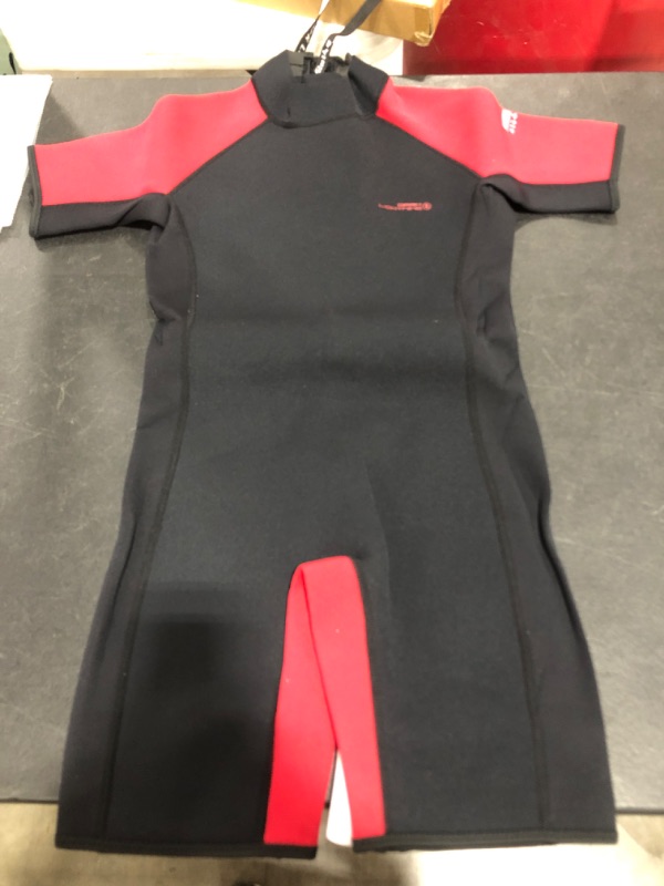 Photo 1 of KIDS' SHORTY WETSUIT, RED/BLACK, SIZE 14.