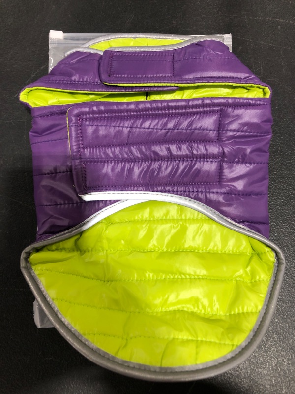 Photo 1 of HAMINARI DOG DOWN VEST, SIZE SMALL. PURPLE/GREEN.