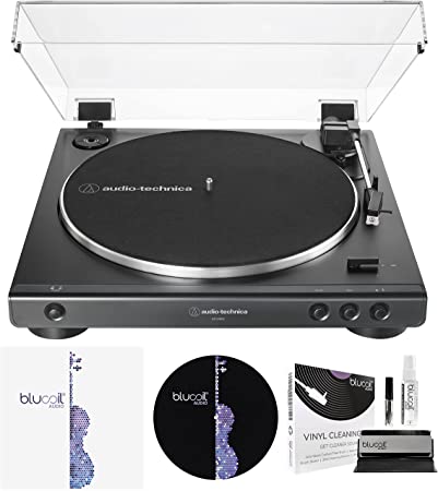 Photo 1 of Audio Technica AT-LP60X-BK Fully Automatic Belt-Drive Stereo Turntable, Black, Hi-Fi Bundle with Blucoil Vinyl Cleaning Kit, 2-Pack of LP Inner Sleeves for Vinyl Records, and 12" Turntable Slipmat
