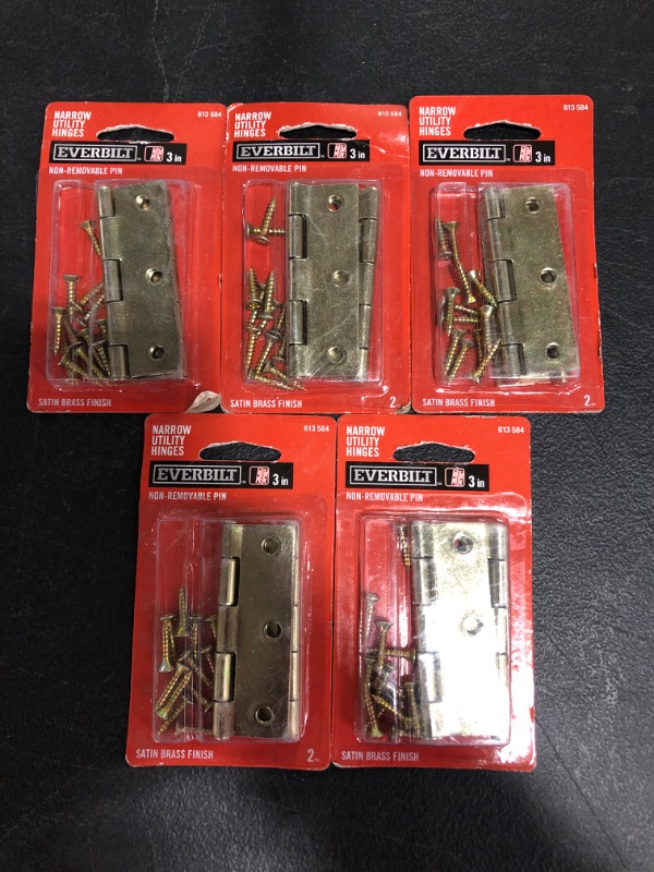 Photo 2 of 3 in. Satin Brass Non-Removable Pin Narrow Utility Hinges (2-Pack)
LOT OF 5 PACKS.