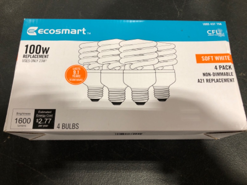 Photo 1 of 100-Watt Equivalent T2 Spiral Non-Dimmable E26 Base Compact Fluorescent CFL Light Bulb Soft White (4-Pack)
