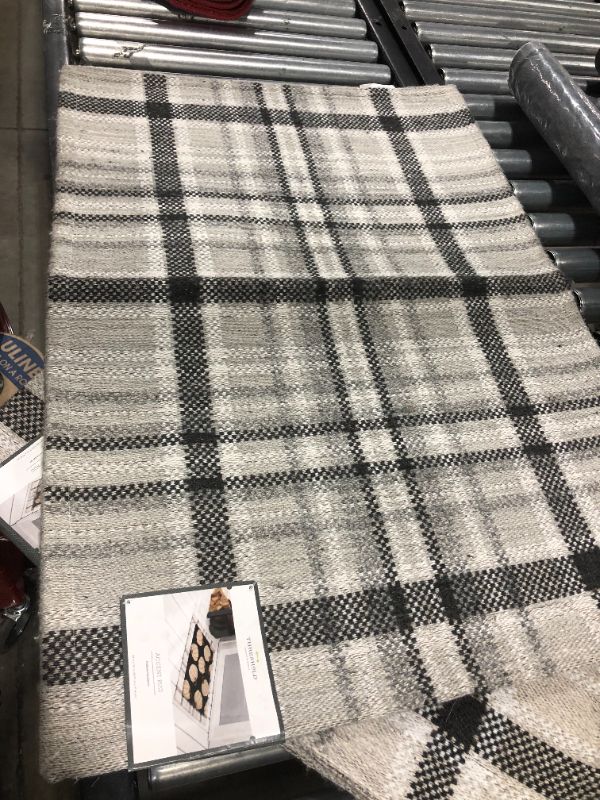 Photo 2 of 2'x3' Indoor/Outdoor Plaid Tapestry Layering Rug Gray - Threshold

