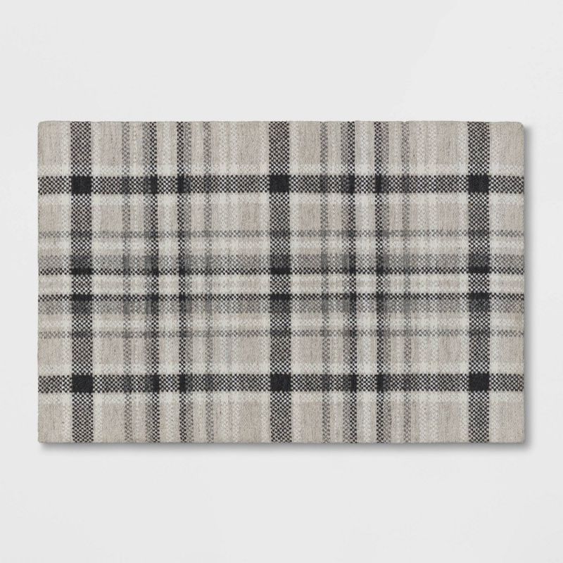 Photo 1 of 2'x3' Indoor/Outdoor Plaid Tapestry Layering Rug Gray - Threshold
