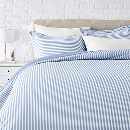 Photo 1 of Amazon Basics Light-Weight Microfiber Duvet Cover Set with Zipper Closure - Full/Queen, Dusty Blue Pinstripe
