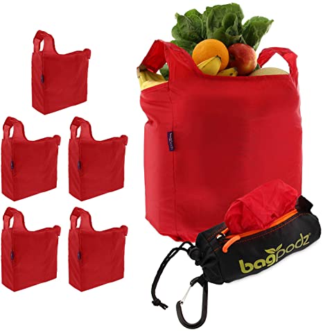 Photo 1 of BagPodz Reusable Shopping Bags Inside a Compact Pod with Carry Clip RipStop Nylon Holds 50lbs Very Sturdy, 5 Pack in Red
