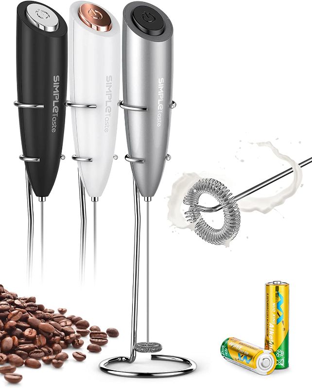 Photo 1 of SIMPLETaste Milk Frother Handheld Battery Operated Electric Foam Maker, Drink Mixer with Stainless Steel Whisk and Stand for Cappuccino, Bulletproof Coffee, Latte
